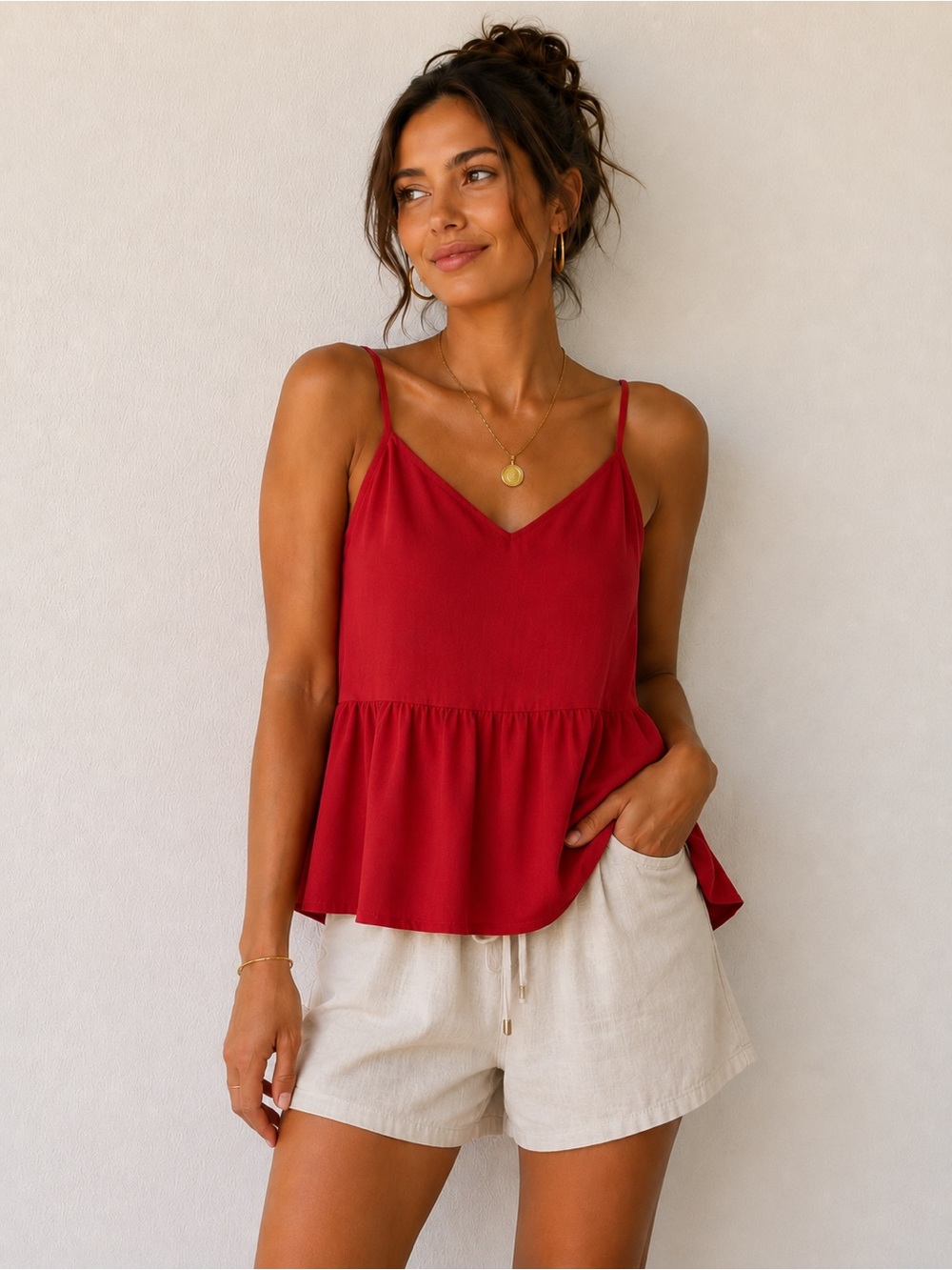 OLIVE AND OAK Red Flowy Babydoll Peplum Cami Halter Top | Tie Back | Sleeveless
